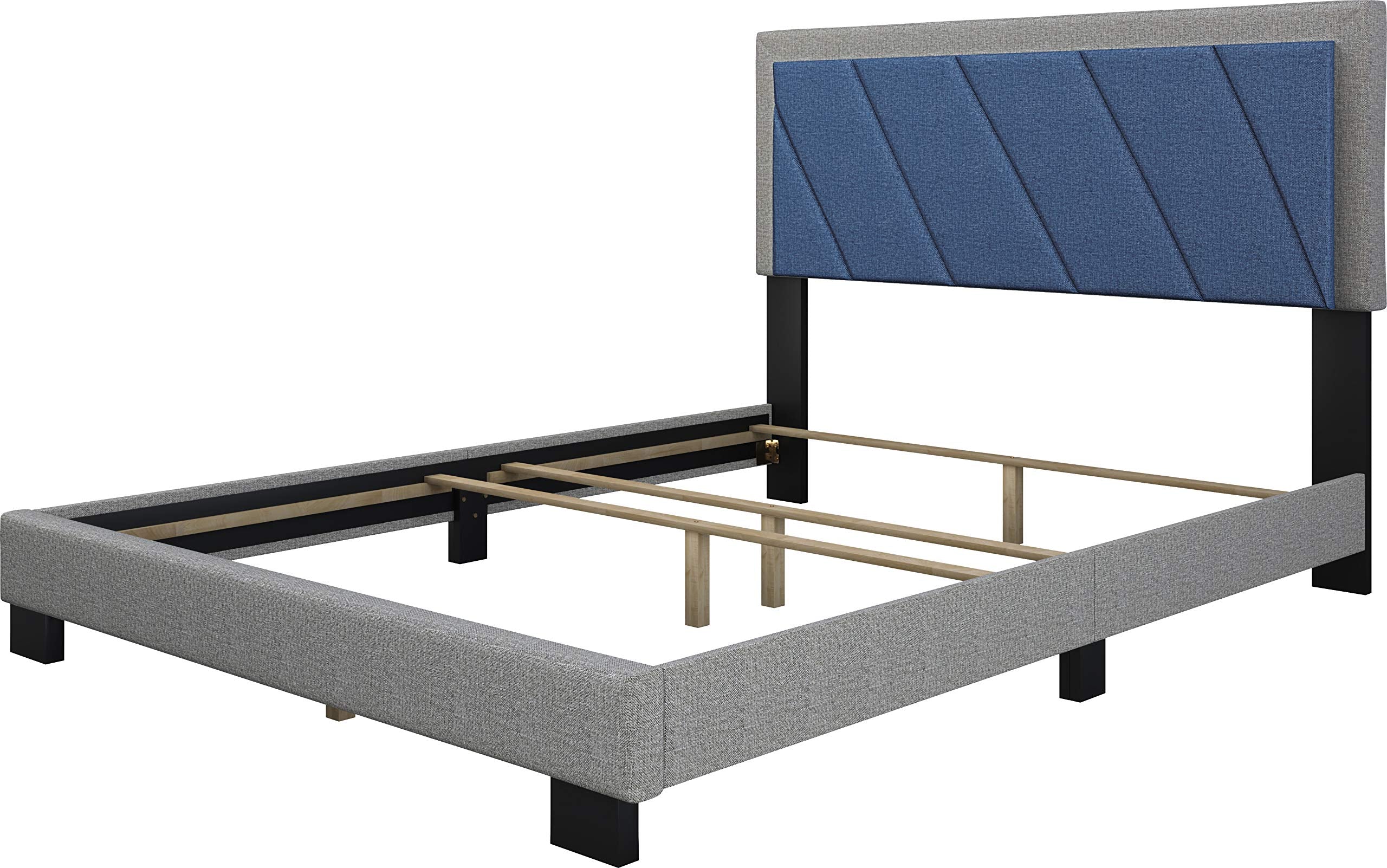 Boyd Sleep Diagonal Upholstered Platform Bed with Headboard - Durable Full Size Mattress Foundation, Strong 4 Wood Slat Supports, Box Spring Required, Blue/Gray